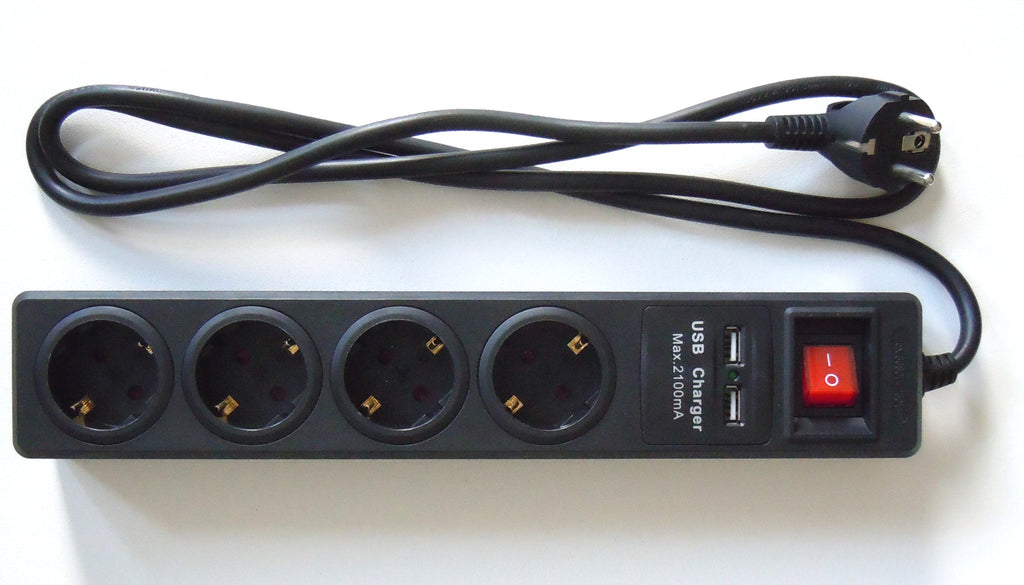 Regleta de 4 Tomas y 2 Puertos USB de color negro. Cable de 1.5 Metros 3x1,5mm H05VV-F